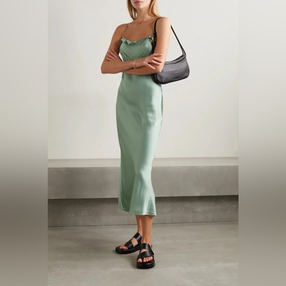 Reformation Small Aribella Ruffle Neck Polka Dot Silk Midi Dress - Picture 1 of 12